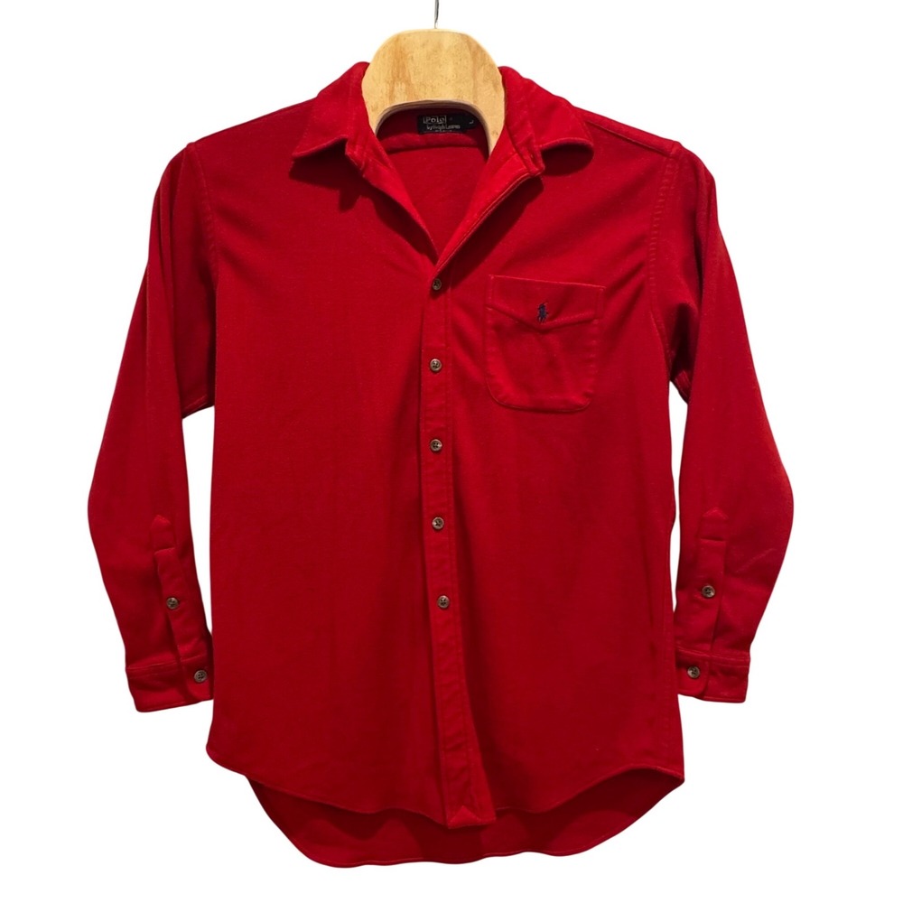 Polo Ralph Lauren Fleece Button Down Mens L Red Logo Pocket Made in USA Vintage